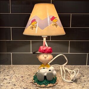 PEANUTS Charlie Brown & Snoopy Baseball Lamp w/Woodstock Lampshade - 13 1/2”